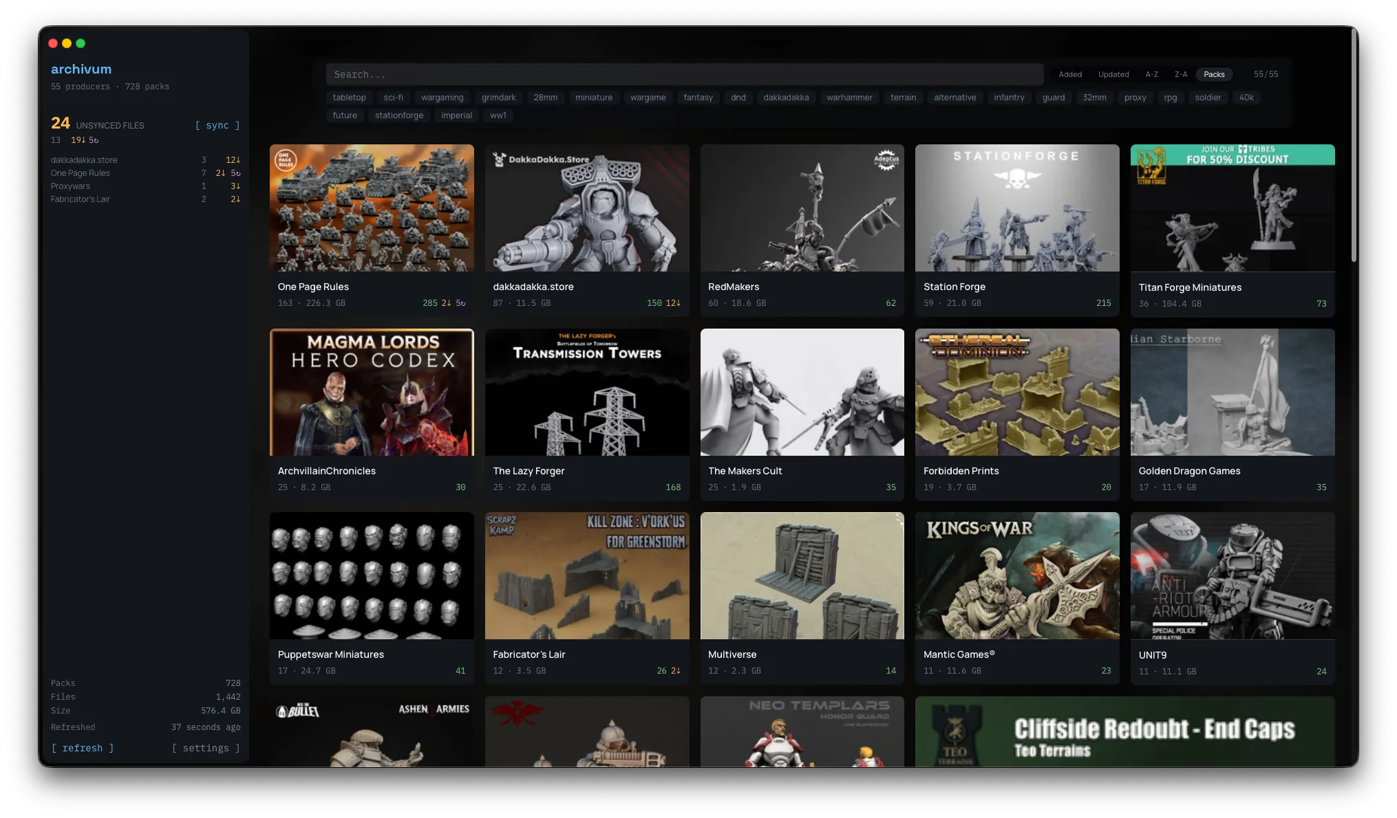 Archivum library overview with synced and unsynced creators